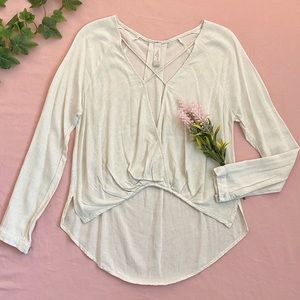 Mahina cross-draped rayon-linen long sleeve top, oatmeal